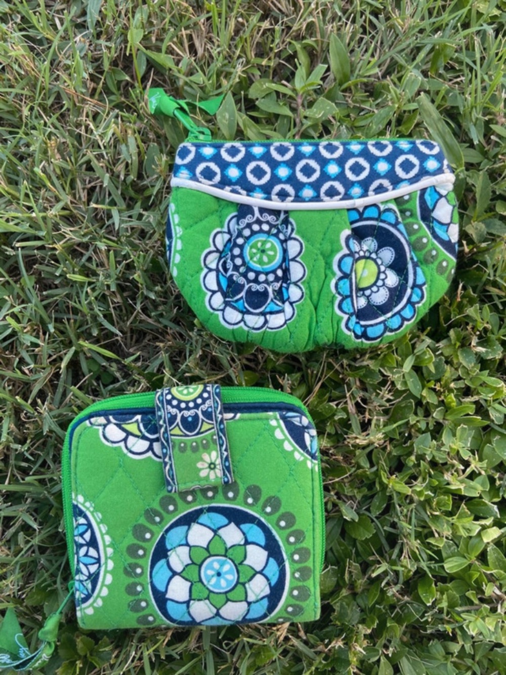 Vera Bradley Green Quilted Floral Coin Purse and Wallet Set